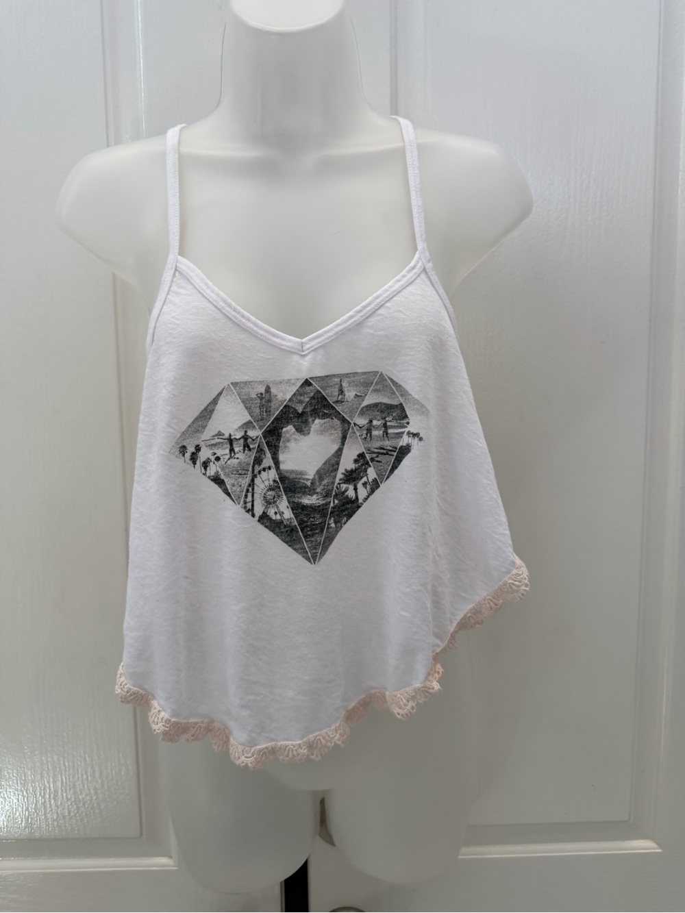 Hollister White Graphic Diamond-Print Spaghetti Strap Tank Sz S